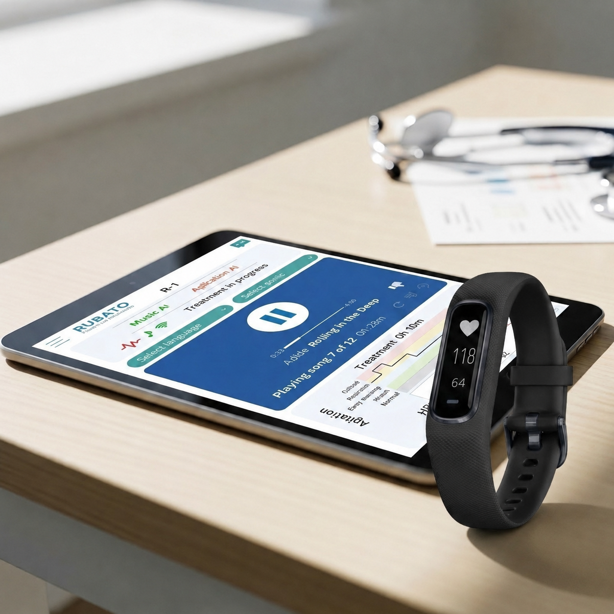 Rubato tablet interface with wristband for cardiac response data collection